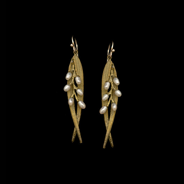 ライス ピアス - ダブルリーフパールワイヤー / Rice Earrings - Double Leaf Pearl Wire