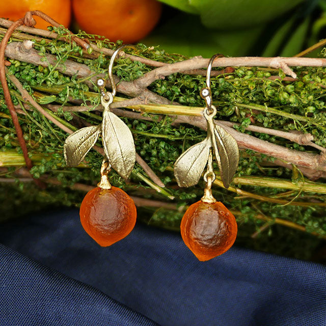 オレンジのピアス - リーフドロップ ダングルワイヤ / Orange Earrings - Leaf Drop Dangle Wire